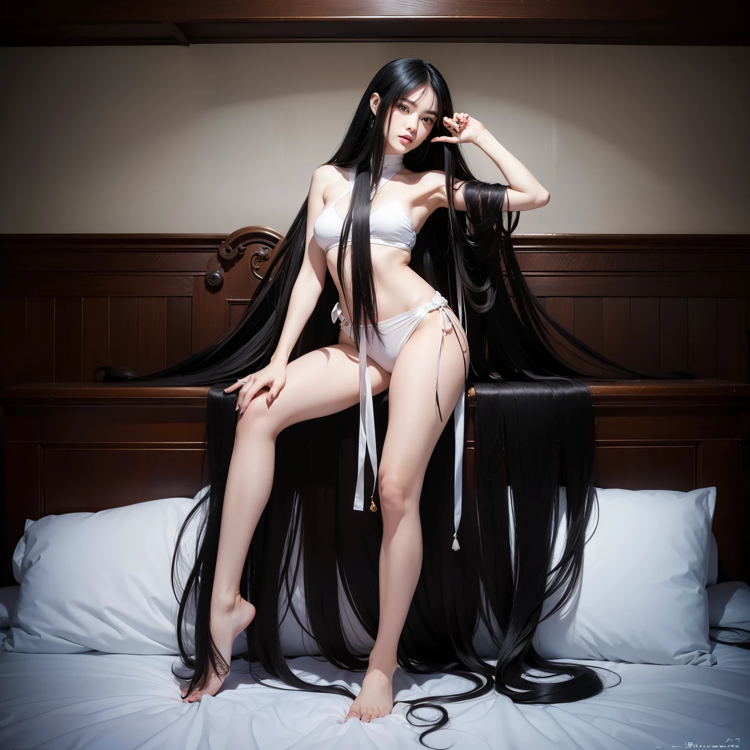 ((Best image quality,highest quality,Highest Resolution,Surreal Photography,8k,Full body photo,1 girl,Very beautiful face,Super Super Long Hair,hair length about 13 meters,Straight black hair,Black hair longer than my height,Black hair'Uncut for over 20 years,Slender body,White underwear or naked,Put it on the bed,Winner of the World Long Hair Contest,World beauty contest winner,full body real photo,Head to toe photos,Photographed from approximately 4 meters away,Ultra-realistic,both hands,2 feet,Five Fingers,))She has super long hair that covers her whole body,longest black hair in the world,長い髪を広げてベッドにDownwardになる,Her long hair is so long it spills over the bed and spreads all over it.,I'I'm leaning my body slightly to look at you.,Showing off her long black hair,I'Iは長い黒髪を誇りに思っています,Downward,Her very long black hair is shining,Her black hair is so long that I can'I can't see her body.,There's so much black hair that I can'I can't see your body.,Super Beauty,Supple and beautiful fingers,