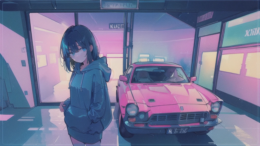 (watercolor), (low contrast), (face, 1 girl, hoodie, look at viewer, cowboy shot), (classic car)