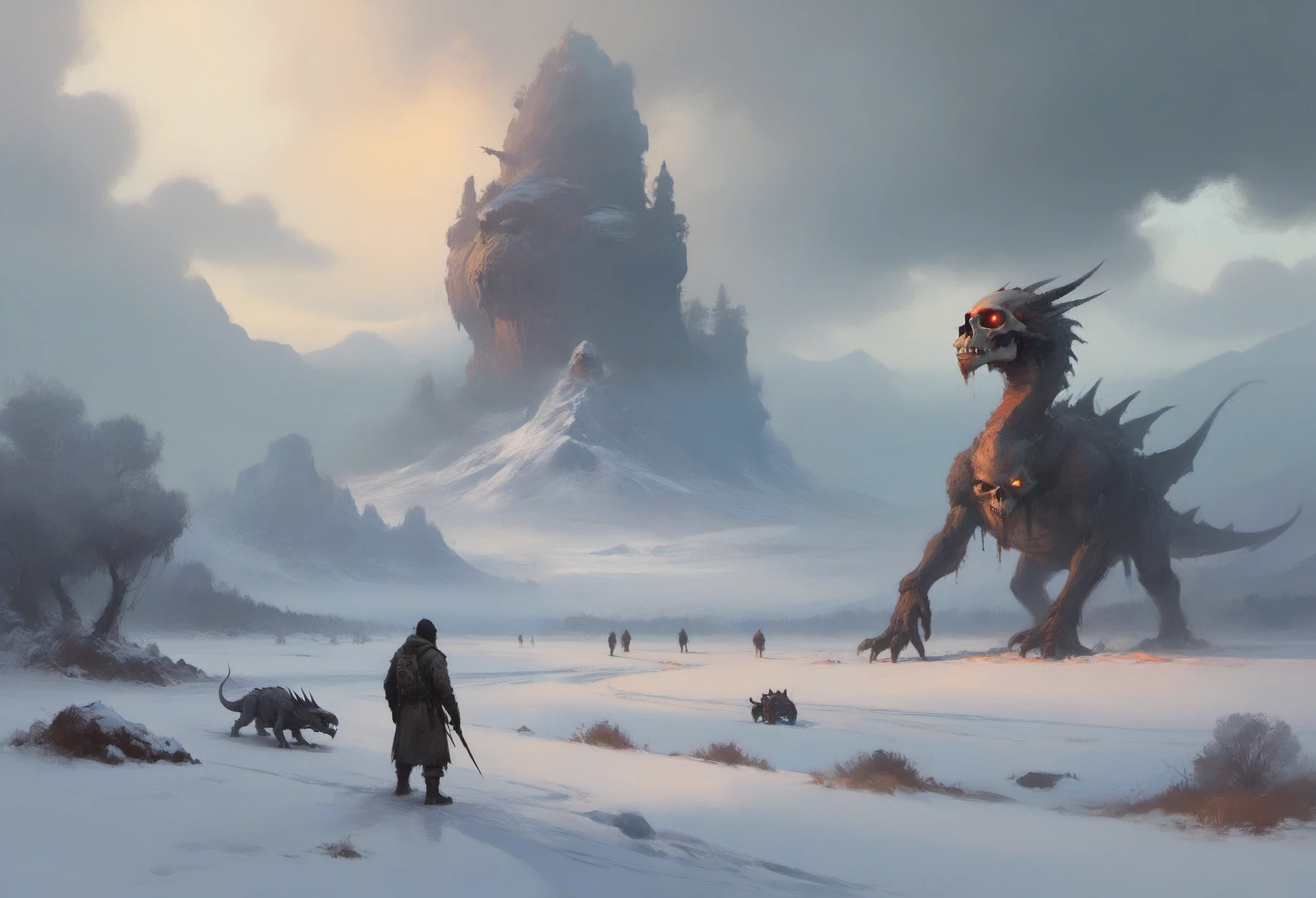 ASCIIconcept art, (art by Ismail Inceoglu:1.4), skull island in the snow, dragon in sky