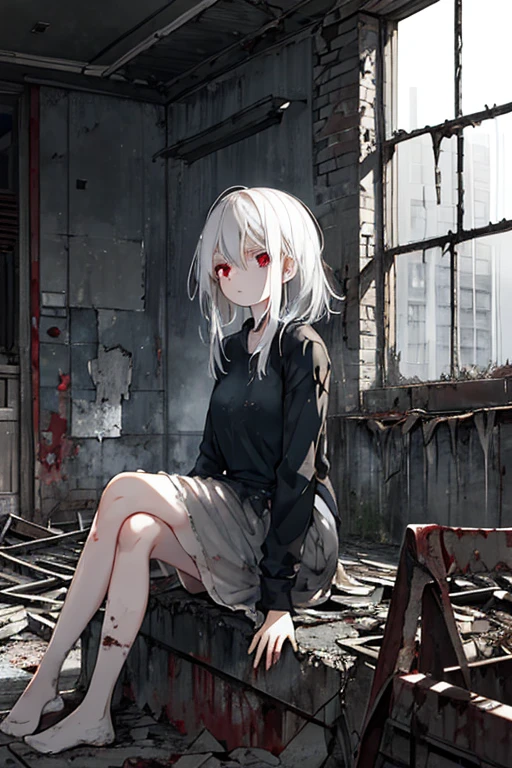 ((high quality)), (abandon building background),inside, dark room, window above her, raining, girl, short, long white hair, dirty clothing, neutral face, red eyes, dead stare, sitting on the ground, fetal position