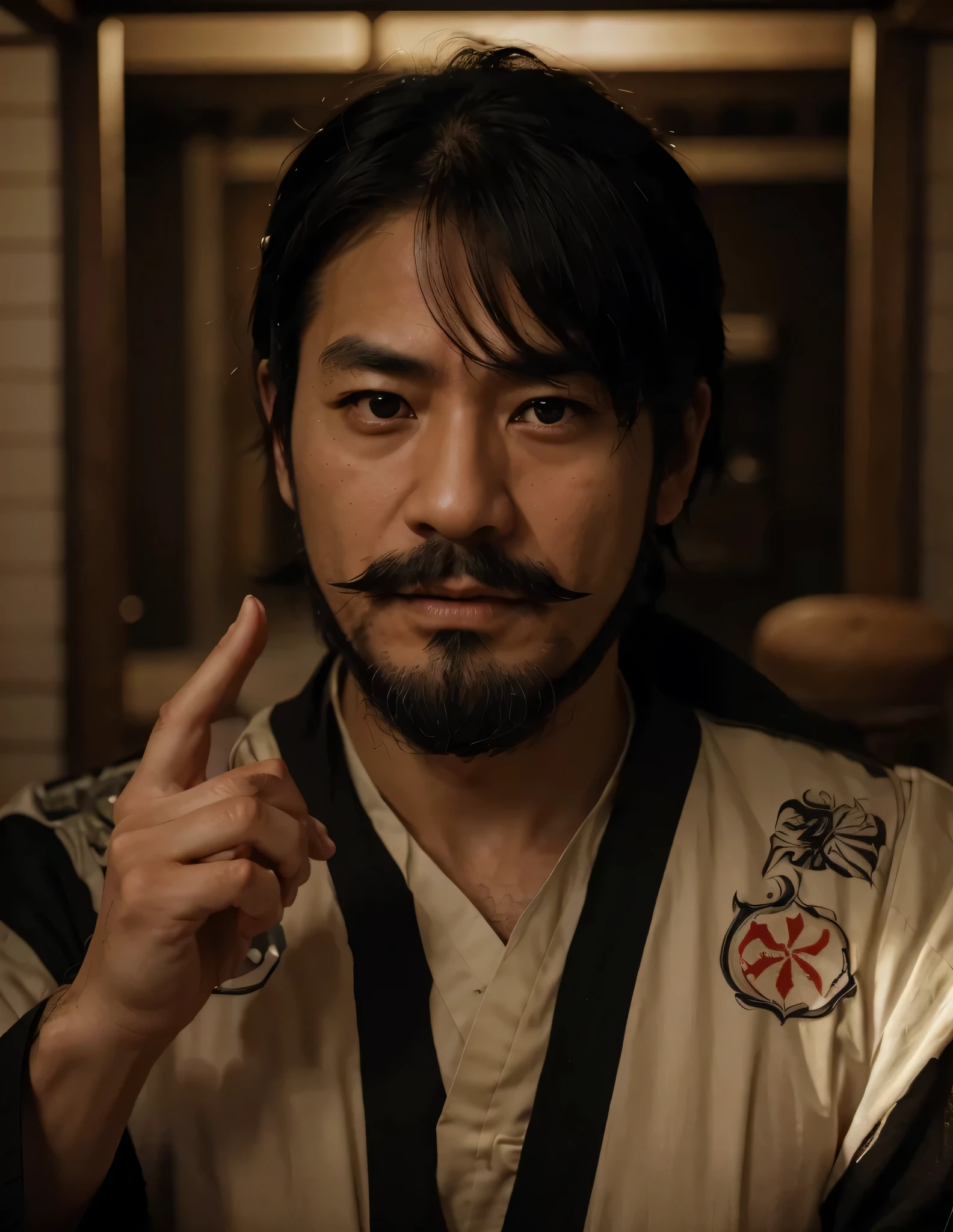 mature adult Japanese man scolding, Japanese face, short black hair, severe expression, beard and mustache, wears black and white Japanese shogun clothing, is in a military bunker, computer screens, tubes, servers, 4k, ultra detailed image , realistic, Highly detailed, perfect composition, splendid, Intricately detailed, Incredibly detailed, 8 k artistic photography, hyper detailed, Masterpiece, Ultra detailed, hyperrealistic, 4k, Ultra detailed image, realistic, Highly detailed, perfect composition, splendid, Intricately detailed, Incredibly detailed, 8 k artistic photography, hyper detailed, Masterpiece