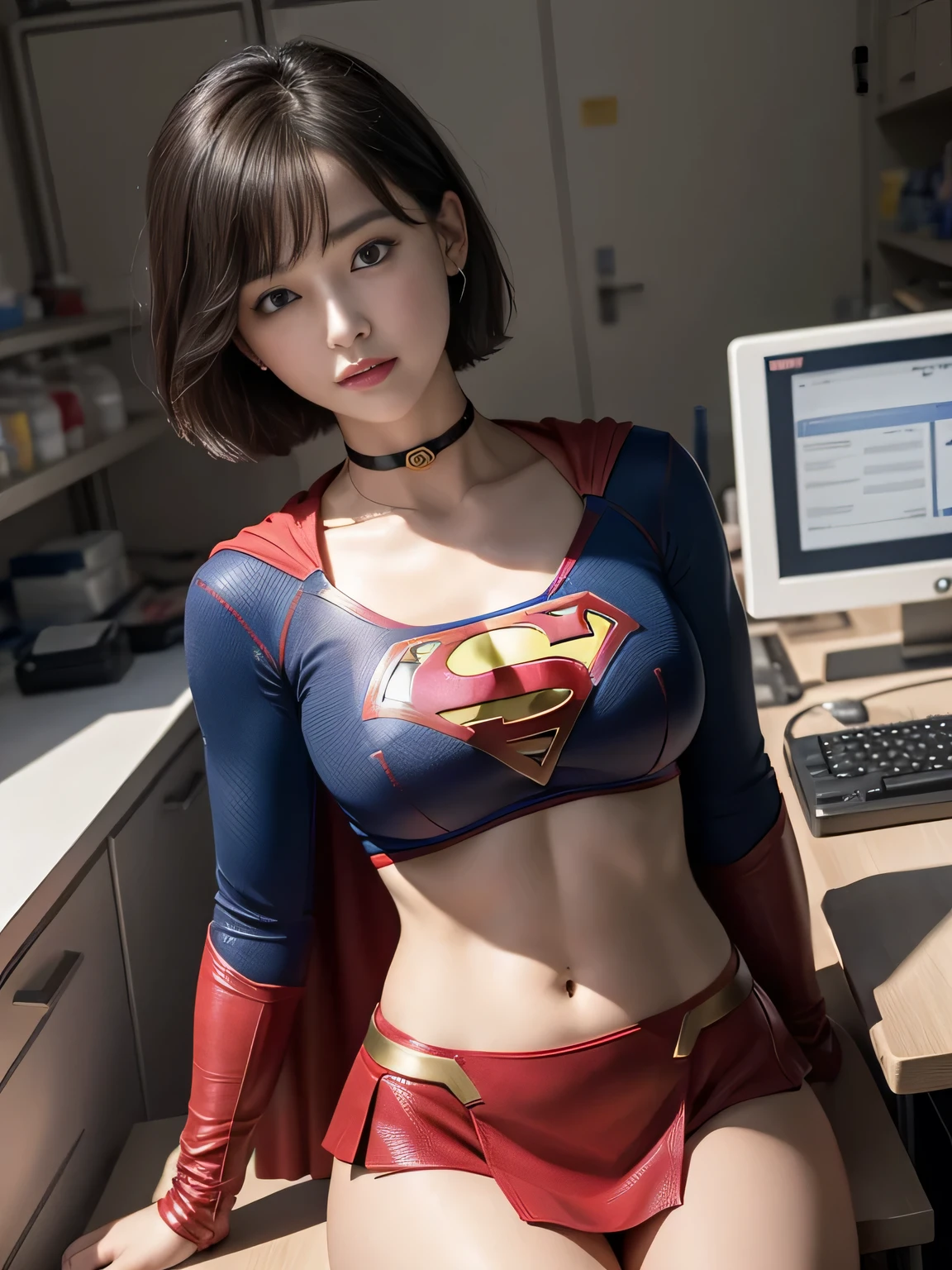 masterpiece、Short-haired Supergirl lies on her back on the operating table.、Big and ample breasts、choker、Long sleeve、Red mini skirt、Looking at the camera、Research Room、Messy lab equipment、Inspection equipment、Medical equipment、Medical practice、Physical examination