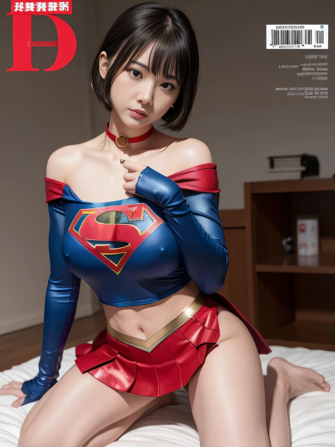 masterpiece、Supergirl Costume、short hair、barefoot、Big and ample breasts、test subject、operating room、operating table、Crisis situation、Straddle、Flowing sweat、Shiny、Looking at the camera、sense of abuse、Estrus、choker、Weekly magazine cover、Long sleeve、Red mini skirt、Obscene pose、Seduce、Humiliating、Administration experiment、
