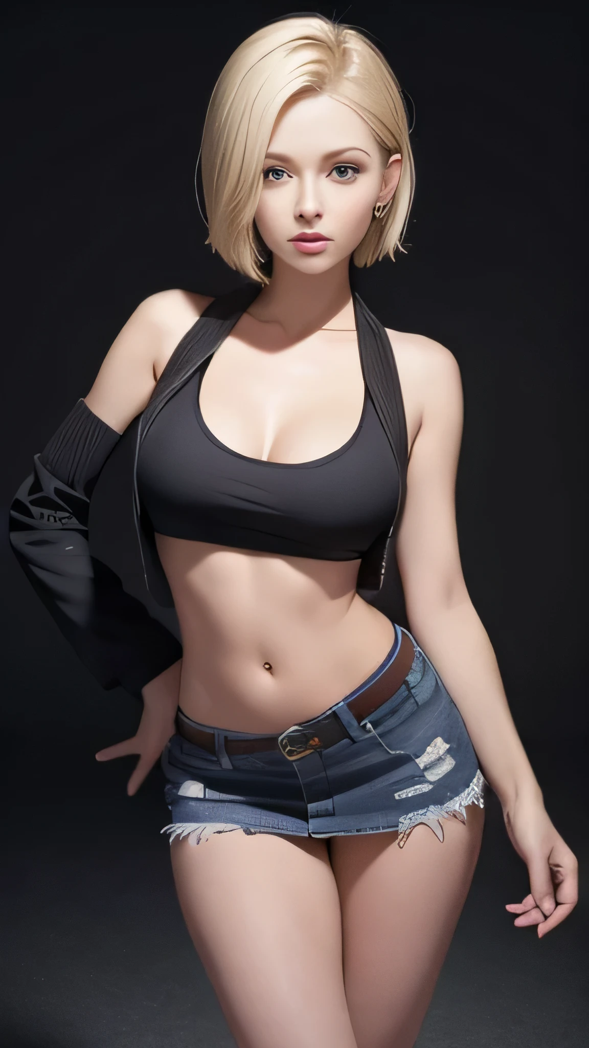 highest quality, High resolution, AND18, 1 girl, Android 18, alone, Blonde, blue eyes, short hair, Cute Smile，Earrings, jewelry, Denim dress, Open Vest, Short black sports bra, mini skirt,  Open legs、raised groin area、Beautiful hip line、,big breasts, Cowboy Shot, she is wearing black short boots，street, (External expansion chest: 1.2)，