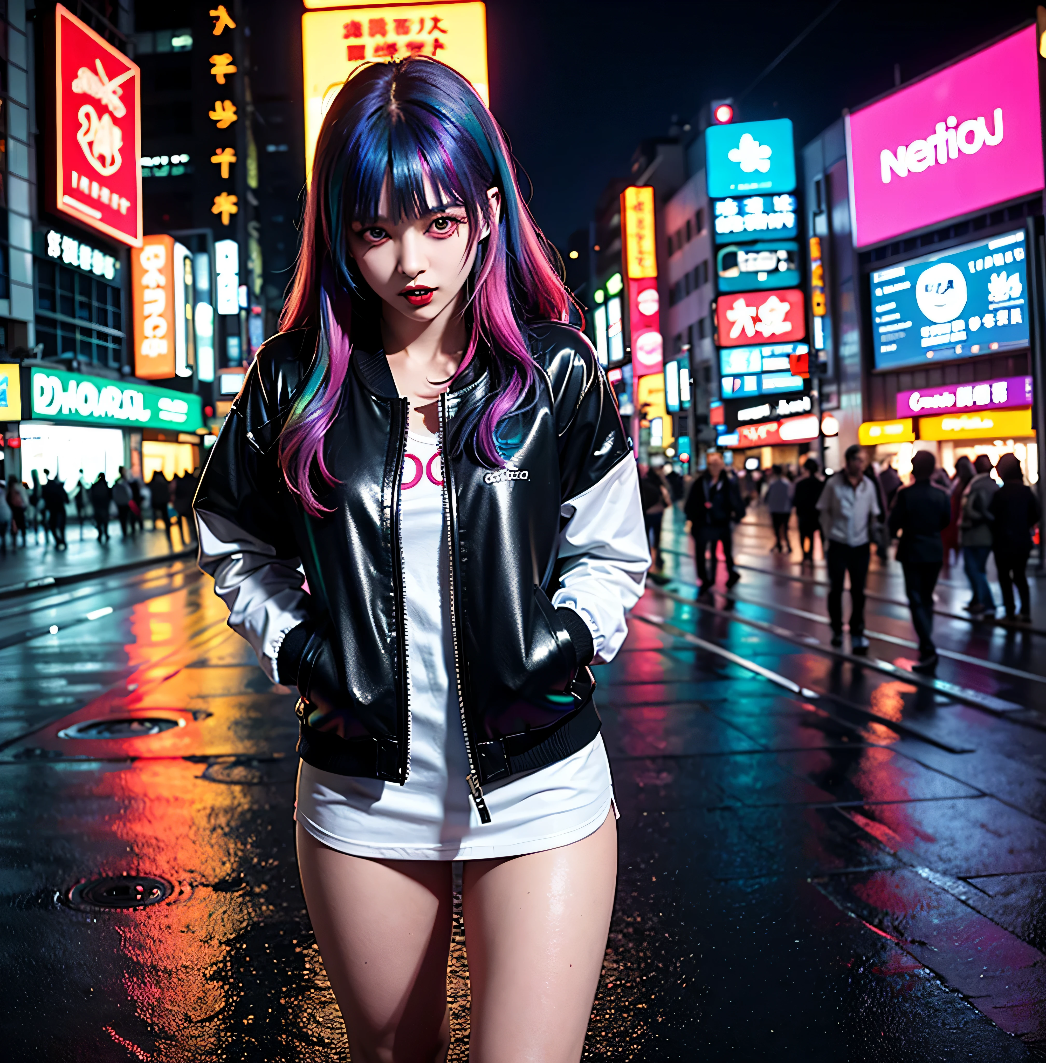 (iridescent colors: 1.4), green, creepy, dark, black rose, fangs, can't see arms, Tattooed, Piercing neon lights,  ocidental girl with red hair, silver jacket, topless, cyberpunk style, (background: neon city, high buildings), (color: tokyo neon) night time, in the style of photorealistic --v 6