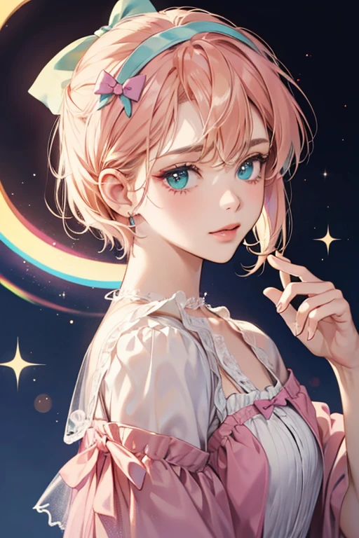 Doreen is a pink with short blonde hair, and a light teal bow on her head. SPARKLE; GLITTER