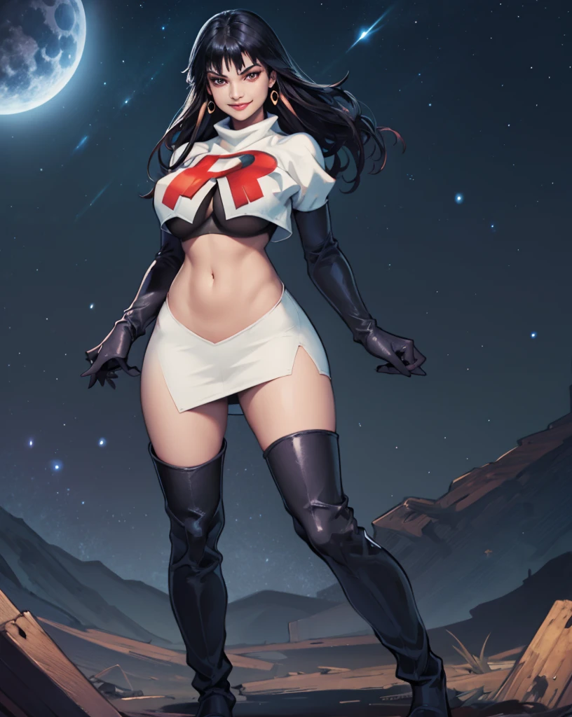 Vampirella,Team rocket, team rocket uniform, red letter R, white skirt,white crop top,black thigh-high boots, black elbow gloves, evil smile, night sky background, earrings, large breasts, high-heeled boots