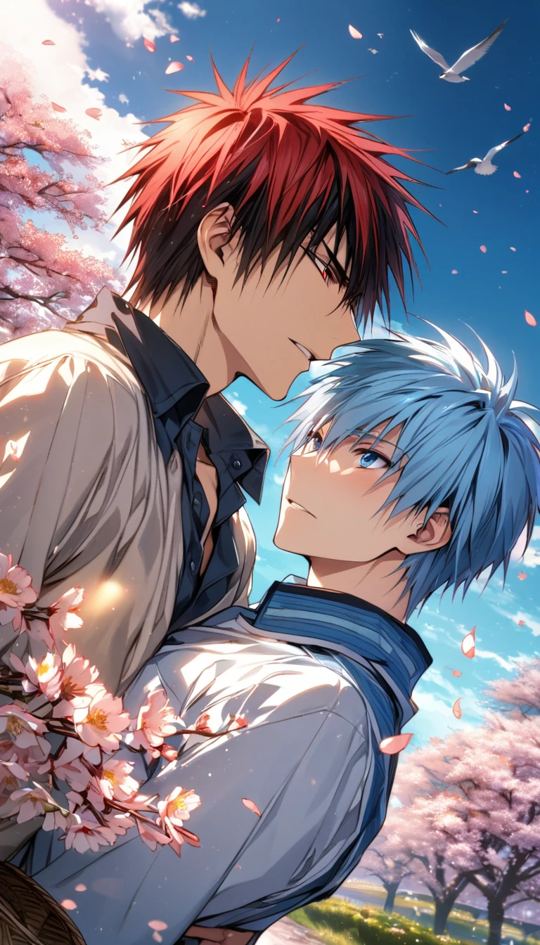 absurdres, highres, ultra detailed, HDR, masterpiece, extremely detailed face and eyes, Kagami Taiga, red short hair, expressive red eyes, Kuroko No Basket, Kuroko Tetsuya, light-blue hair, expressive blue eyes, 2men together, gay couple, handsome, spring, blossoms, petals, birds, trees