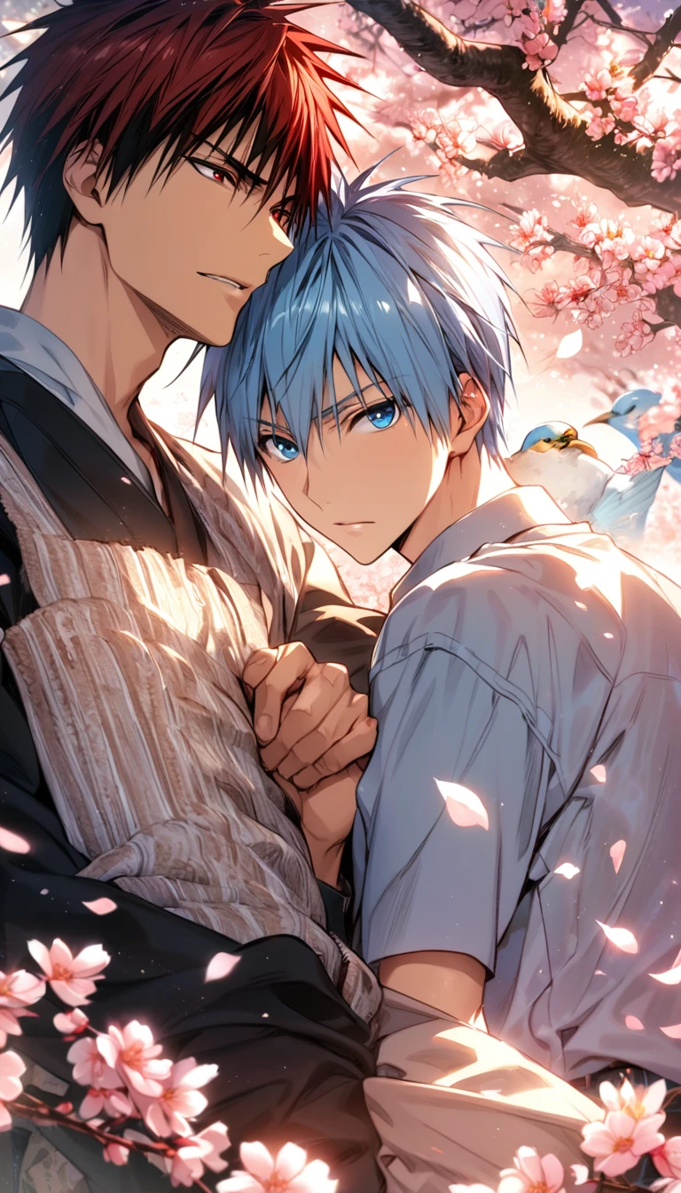 absurdres, highres, ultra detailed, HDR, masterpiece, extremely detailed face and eyes, Kagami Taiga, red short hair, expressive red eyes, Kuroko No Basket, Kuroko Tetsuya, light-blue hair, expressive blue eyes, 2men together, gay couple, handsome, spring, blossoms, petals, birds, trees