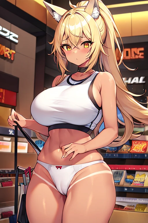 1girl, blonde hair, ponytail, wolf ears, tan skin, tan, highleg panties, panties, micro panties, cameltoe, sports bra, black sports bra, ((mall)), mall, ((shopping)), shopping, bare legs, no pants, yellow eyes, huge breasts, thick thighs, wide hips,