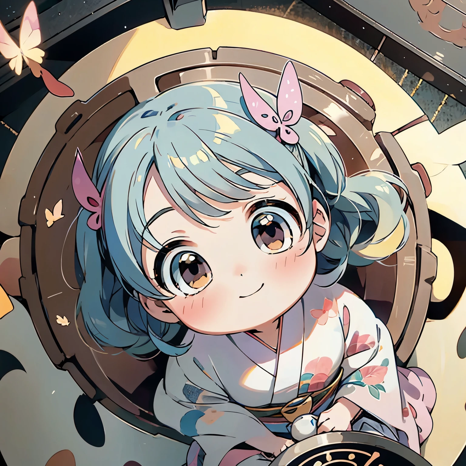Anime characters in Japan(chibi girl、smile、kimono、butterfly hair ornament)There is a manhole cover with a、colorful