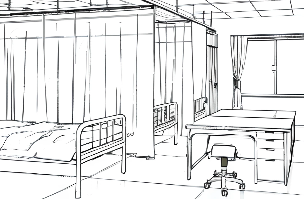 masterpiece,More delicate,Precisely,finely,drawing of a hospital room with a bed, Desk and chair, hospital ward, hospital room, Medical figure surface, hospital interior, Digital Rendering, figure], hospital, ornate hospital room, an figure of, whole page figure, inside an ornate hospital room, hospital background, operating room, architectural figure, an figure, Medical figure surface with annotations, Cutscenes,((Health Room)),Line art