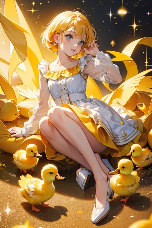 The ducklings are small yellow ducklings who have orange bills and feet. SPARKLE; GLITTER