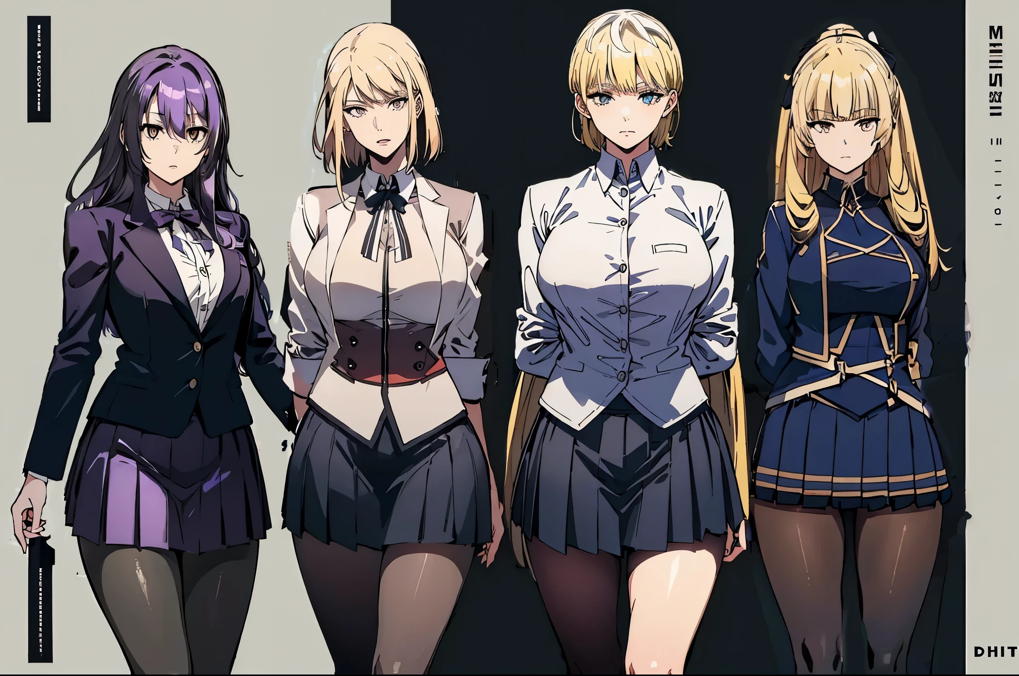 Hair ribbon, (High_ponytail:1.2), yellow eyes,(blonde_hair:1.2), blunt bangs,Long hair, 1 girl, 20yo,Young female,Beautiful Finger,
BREAK (blazer, bow, jacket, pantyhose, pleated skirt, , shirt, skirt:1.2), BREAK ((arms behind back:1.5))
BREAK simple_black_background, black and white theme, Sense of coordination, sense of order, mathematics beauty, (((cover design))), (((((cover art))))),
BREAK best quality, masterpiece, highres, (perfect eyes:1.2),  (perfect hands, perfect anatomy),(intricate details, masterpiece, 8k, UHD, highres),