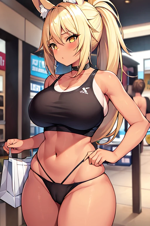 1girl, blonde hair, ponytail, wolf ears, tan skin, tan, highleg panties, panties, micro panties, cameltoe, sports bra, black sports bra, ((mall)), mall, ((shopping)), shopping, bare legs, no pants, yellow eyes, huge breasts, thick thighs, wide hips,