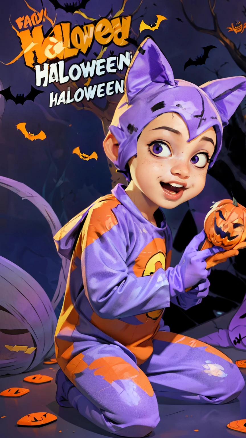 Cinematic Cartoon style. Comic art. TME0224 face, (((a baby boy, ***))) in a funny Halloween night (((wearing a purple SaltedFishFox costume ))). (((Comic halloween background))). cinematic lighting, drop shadow, masterpiece, UHD, anatomically correct, textured skin, super detail, high details, high quality, best quality, 4K