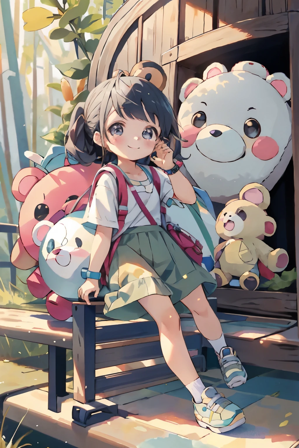 A goes hiking with a big bear mascot、smile、Cute accessory shoes、Baby Face