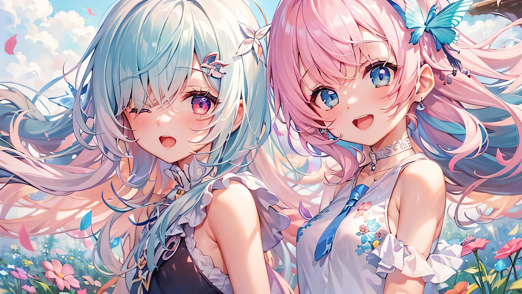 Two pure and innocent girls,16 years old、2 people(One with pink hair、1 Name Light Blue Hair)、Cute face、Beautiful Eyes、topless、Nipples、Natural beauty、Warm sunshine、Wildflowers swaying in the breeze々Surrounded by、Enjoying time in the fields。Butterflies and birds fly around her、Creates a playful atmosphere。
