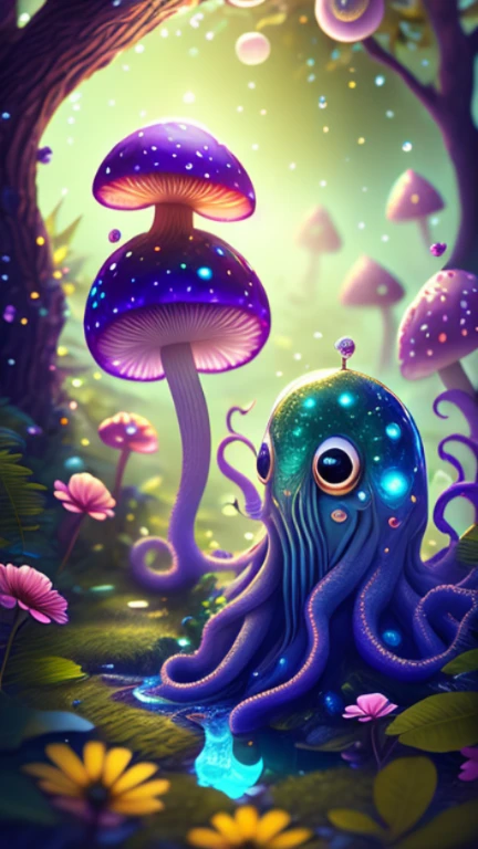 in a magical forest of lush green exotic plants and lush exotic colorful flowers, crystal clear water seeps, little creature with features of a mushroom and an octopus on top, beeple 和 jeremiah ketner, an alien mushroom with tentacles, very beautiful and cute, Delicate little eyes, and small mouth, so cute, fantasy, magic, myth, fairy tale, magical tale, detailed detailed background, Global Illumination, astronomical lighting, magical illumination, Backlight, , 3D stylized rendering, 3d rendering beeple, Highly detailed 4K digital artwork, Daily Beeple Artwork, Lindo's detailed digital artwork, Detailed 3D digital artwork, 8K high-quality detailed artwork, State-of-the-art Autodesk Maya VFX, Post-production