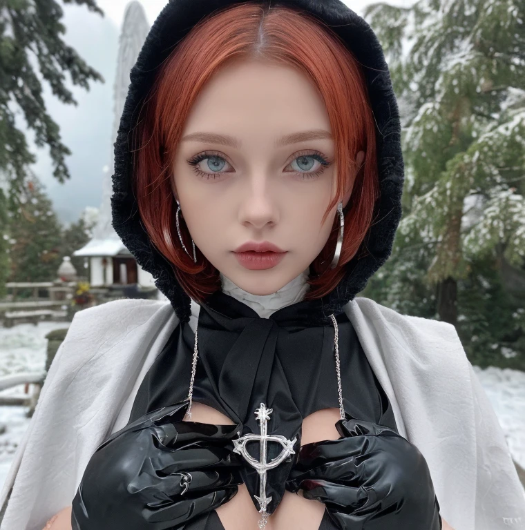 1 miniature Beautiful beautiful woman - Yuan Sayuki, ((top quality, 8K, Masterpiece:1.retty woman, 1 woman, huge breasts:1.3, a slim body:1.1, lush RED short hair, (shower, wet body, wet clothes:1.1), very detailed face, detailed lips, detailed eyes, double eyelids, Detailed blue eyes, чрезвычайно Detailed Outstanding Blue Eyes, short RED wet hair, white RED hair, Detailed Outstanding Blue Eyes, innocent look at the viewer, very wet wavy white hair, Detailed Outstanding Blue Eyes, huge cross earrings, Outdoors, badges behind, gothic wedding uniform, sexy gothic style wedding dress with veil, bare chest, huge chest tattoo wearing a wreath, detailed huge catholic cross earrings, chest tattoo, Outside - there are trees and a buddhist temple in the background (mountain vicinity), wear a silver cross (Detailed cross shape), reality mode, wet breasts, black necklace, black wedding dress and black veil, human crowd behind, head/forehead chain veil, black latex gloves, naked breasts, naked breasts, naked nipples, hair of RED colour, night time, red neon lights, demonic nun, nimbus (golden lighting ring above her head), angel, snowy weather, Detailed buddhist temple behind, midnight time,