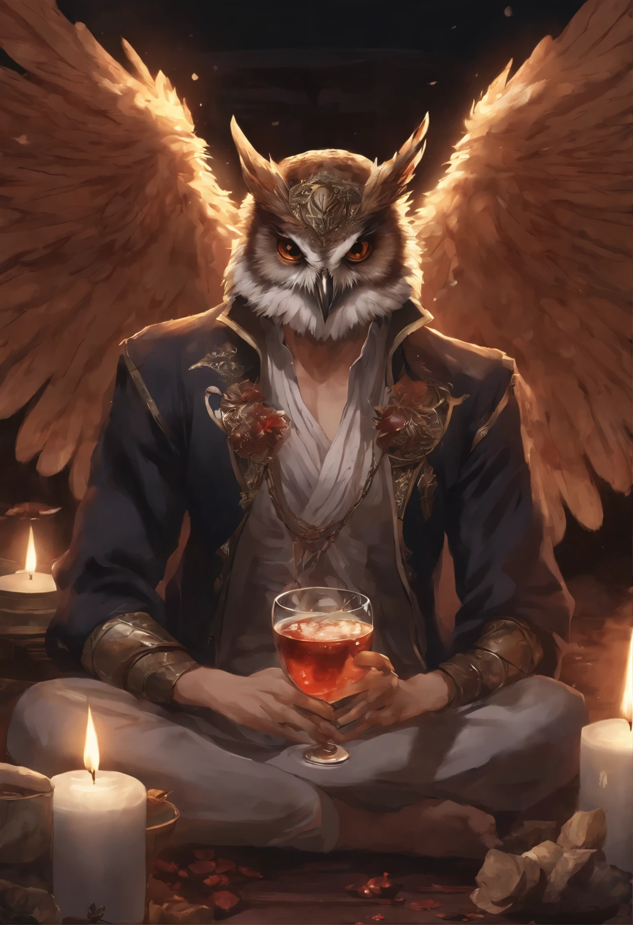 close-up of an owl, daemon, infected with mushrooms, cutting your skin, drinks alcohol, flowing down his body and mixing with the blood on the floor. , detailed anime character art, detailed key anime art, Granblue Fantasy, handsome guy in demon slayer art, Taisho Roman, crisp clear rpg portrait, Masamune Shiro, key anime art