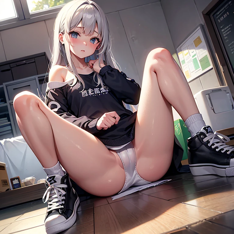 White sneakers、Spread your legs、 Clenched fist、 good, From below、topless、Small breasts、sit、Embarrassing、Knee Up