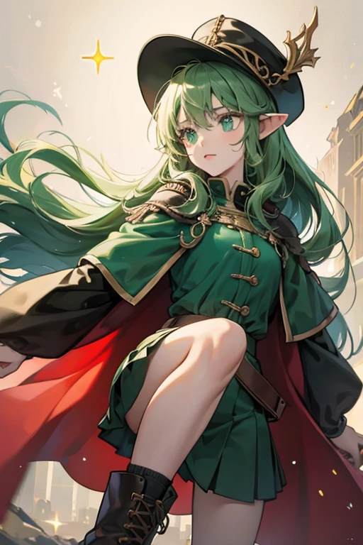 long noses, pointy ears, pale skin, green eyes, dark-green hats, red cloaks, and brown boots. SPARKLE; GLITTER