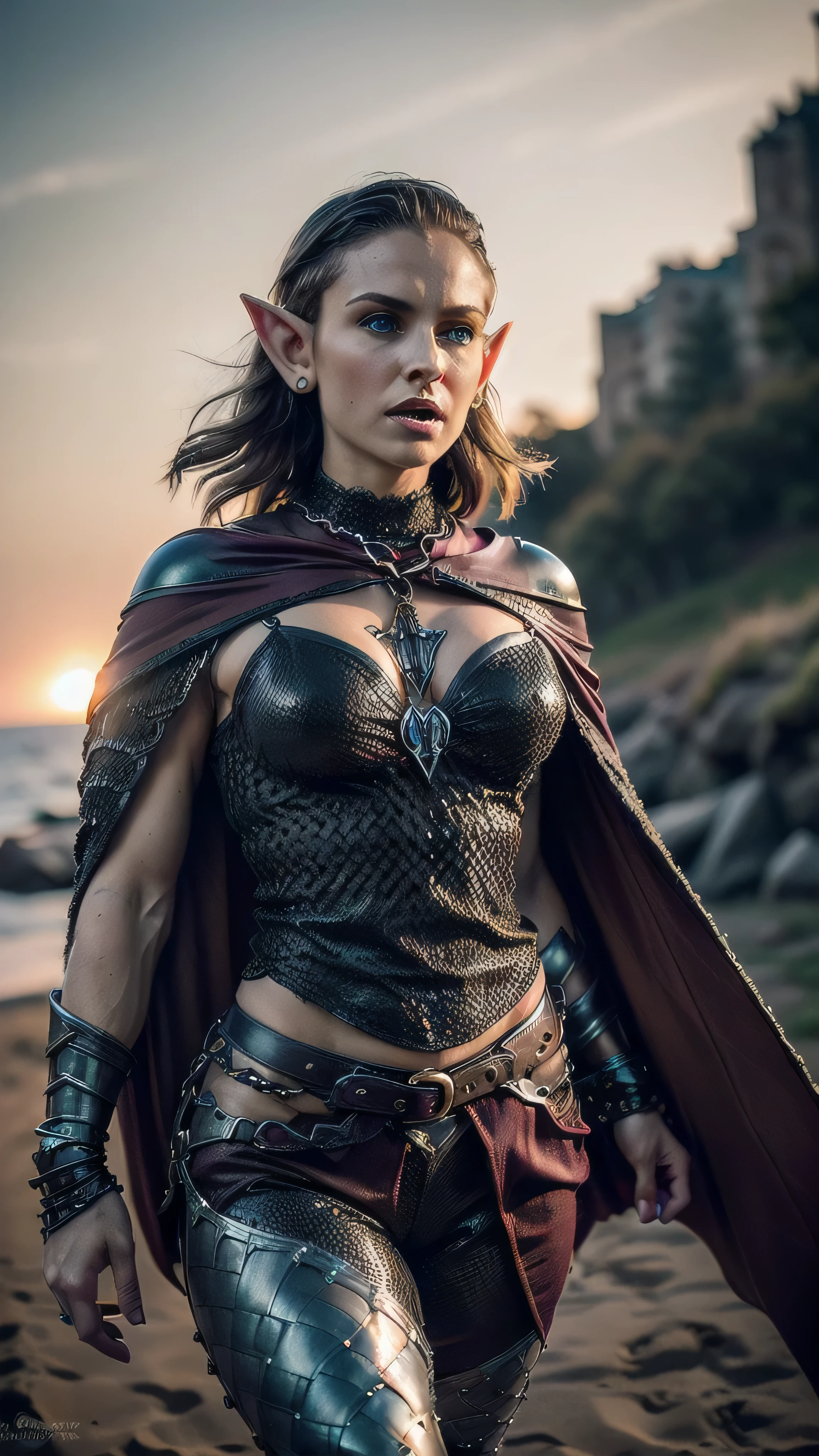 (masterpiece), (extremely intricate:1.3), (realistic), portrait of a muscular bodybuilder girl, (((medieval armor:1.6 ((matte black perfectchainmail, elf, elven, running fast, yelling), maroon cape, metal pants, portrait, (bullwhip)), wind blown blowing [green hair:dark hair:0.6])), tattoo:1.0), metal reflections, upper body, outdoors, intense sunlight, far away waterfall, professional photograph of a stunning woman detailed, ((short undercut shaved hair, dynamic pose)), sharp focus, dramatic, award winning, cinematic lighting, volumetrics dtx, (film grain, blurry background, blurry foreground, bokeh, depth of field, sunset, interaction), 8K