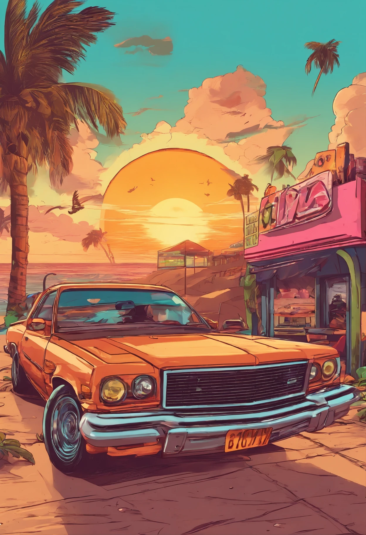 Playa del atardecer,Estilo de la Costa Oeste,coches antiguos,Elementos del hiphop