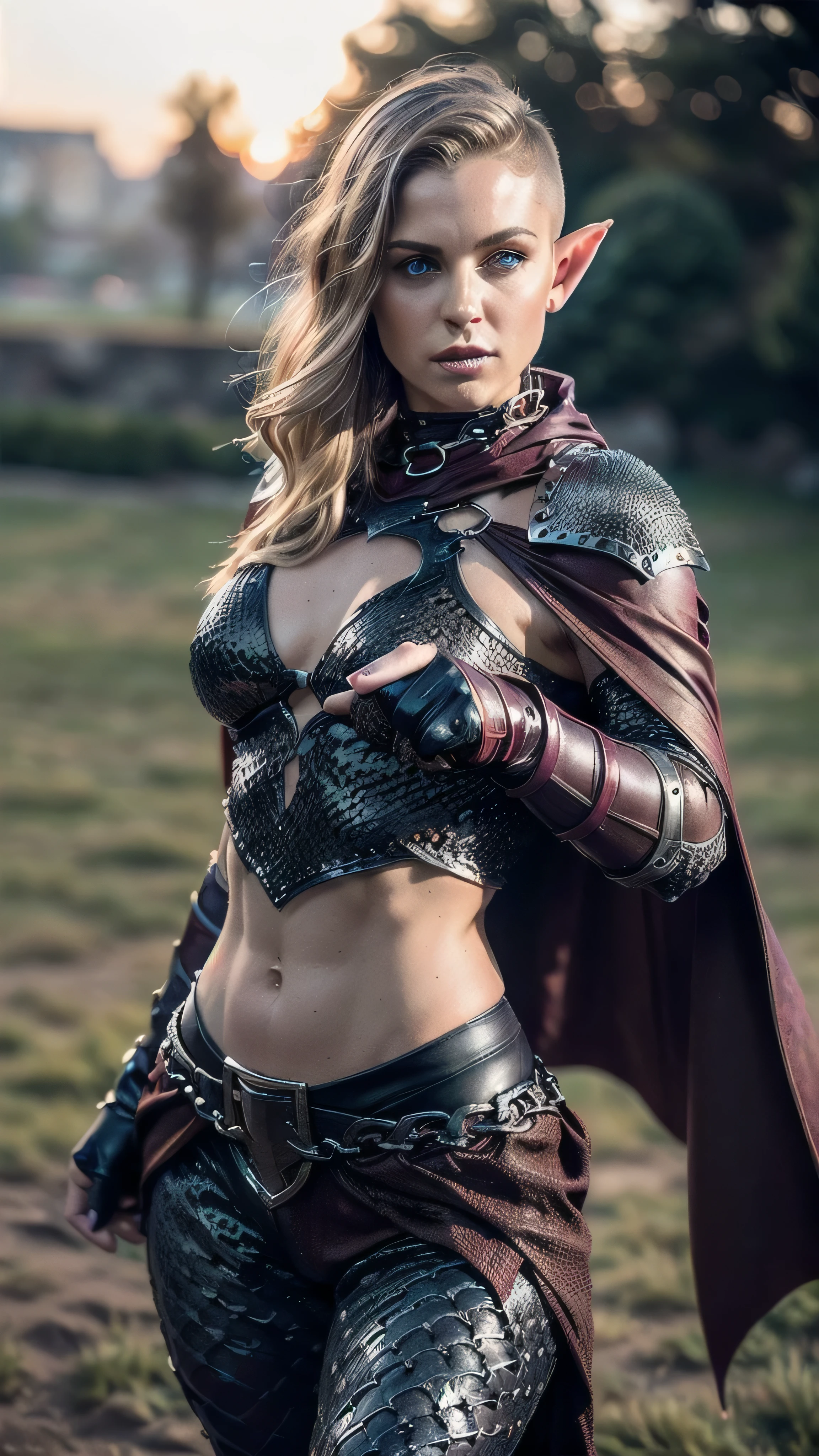 (masterpiece), (extremely intricate:1.3), (realistic), portrait of a muscular bodybuilder girl, (((medieval armor:1.6 ((matte black perfectchainmail, elf, elven, running fast, yelling), maroon cape, metal pants, portrait, (bullwhip)), wind blown blowing [green hair:dark hair:0.6])), tattoo:1.0), metal reflections, upper body, outdoors, intense sunlight, far away waterfall, professional photograph of a stunning woman detailed, ((short undercut shaved hair, dynamic pose)), sharp focus, dramatic, award winning, cinematic lighting, volumetrics dtx, (film grain, blurry background, blurry foreground, bokeh, depth of field, sunset, interaction), 8K