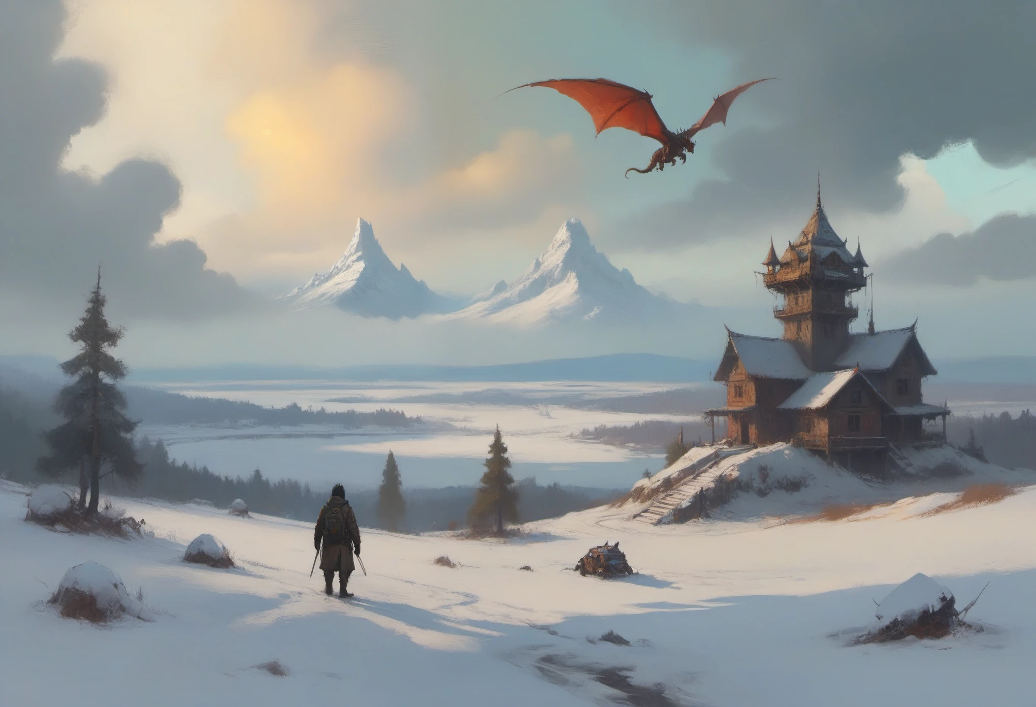 ASCIIconcept art, (art by Ismail Inceoglu:1.4), island in the snow, dragon in sky