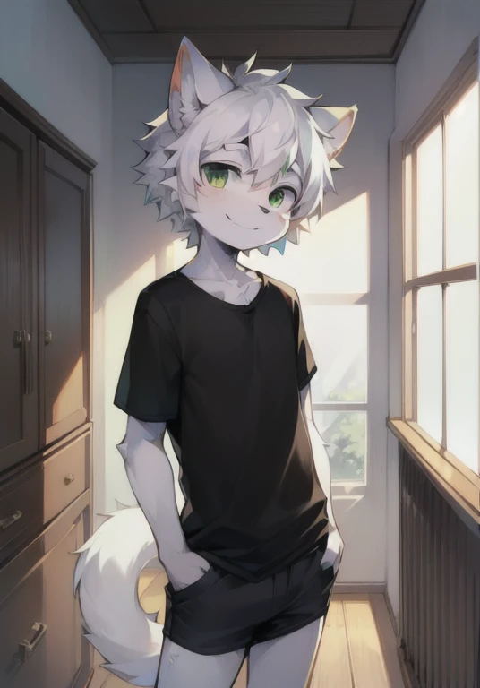 eyes with brightness, in a panoramic view, Character Focus Solo, shaggy, Furry male cat, Green-White fur for men, Dark Green color eyes, White hair(The long），Wear black short, Casual Cloths, Regular T-Shirt, Young style, height of one meter seven, pretty， There is a tail, happy expression, slim body, happy, indoors, facing way from viewer