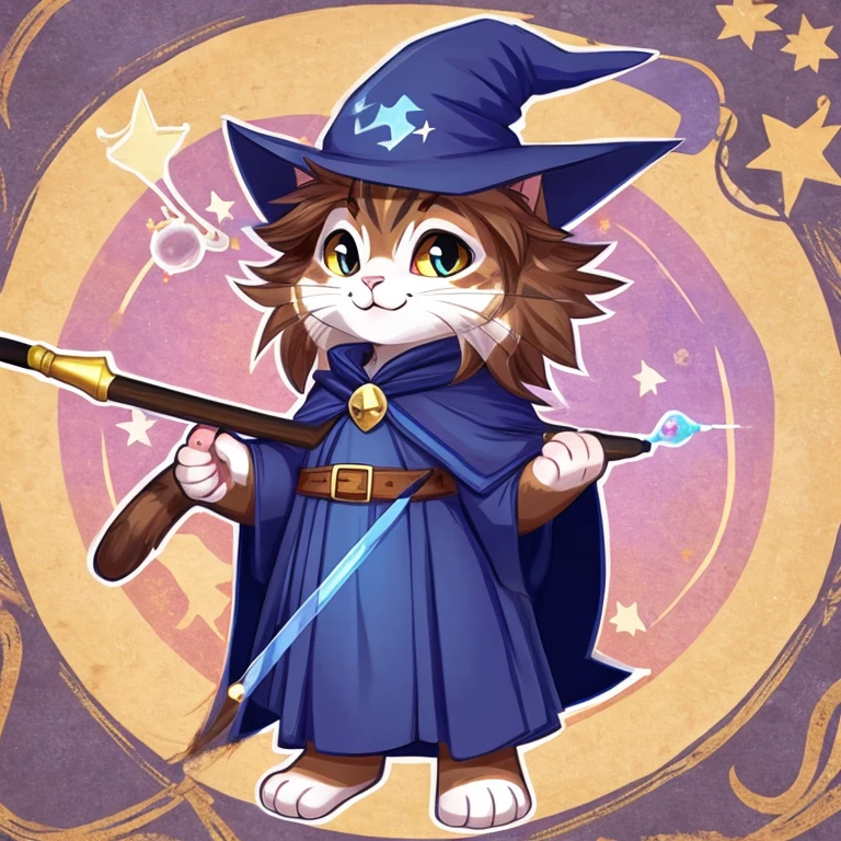 cute kitty, cat, wizard, cat wizard, wizard cap, wizard hat, wizard cloak, cat with wand, wizard wand, cat with potion, potion belt, cat icon, cat maine coon, cat breed, cat breed maine coon, small kitty, cute, circle background style, male character, male kitty, male face, 