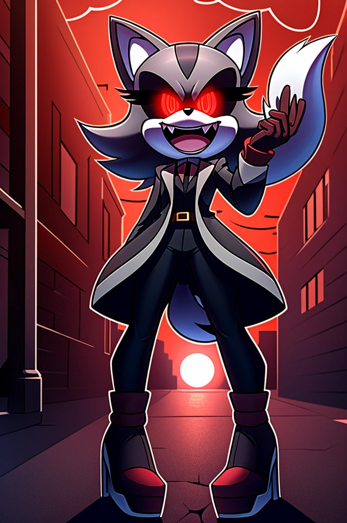 (((masterpiece))), High quality, studio quality, graphic novel style art, dark colors, solo character, mobian, in the style of Sonic the Hedgehog, fluffy and wispy grey fur, female cat demon, wearing a grey coat with coattails, white leggings, black high heels, big evil grin, evil laughter, reveling in evil laughter, throwing head back, villainous stance, triumphant pose, long fluffy tail, black eyes with red glowing pupils, smoky atmosphere, in the back of a dark city alleyway, nighttime, digital illustration