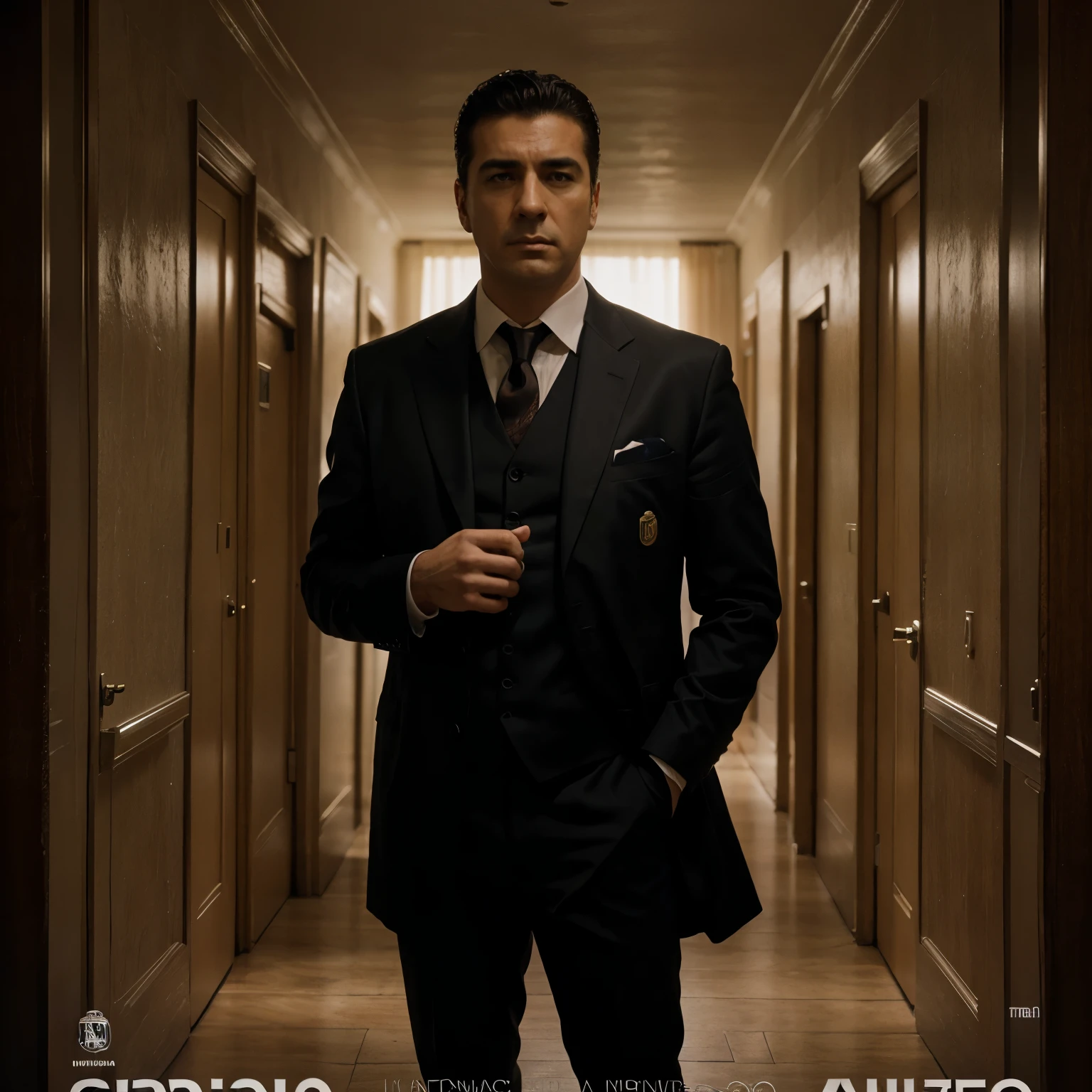 Crea un poster inspirado en la pelicula del padrino con el protagonista como antonio rudiguer del real madrid