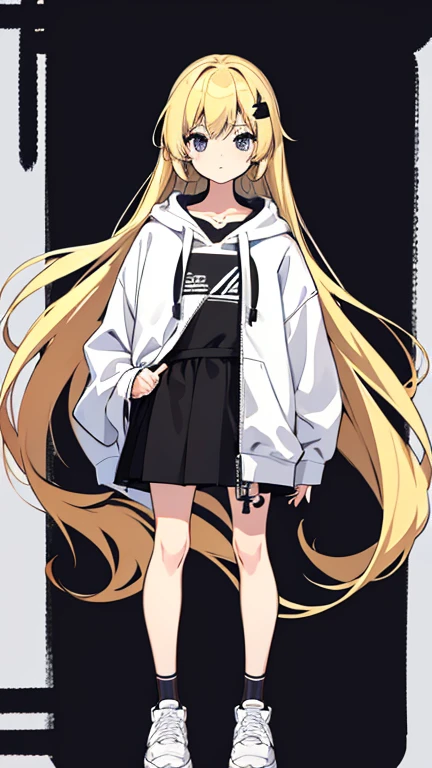 whole body、Character portrait、ゲームのCharacter portrait、Are standing、girl、Blonde、black eyes、Long Hair、Black hoodie、White Skirt、Black sneakers、White background、Simple Background