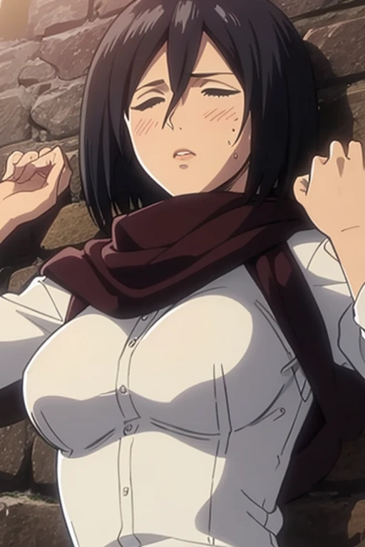 Dazzling, Armpits, intricate detailes, 1girl in, Mikasa Ackerman, (A dark-haired:1.3), hair between eye, short-haired, sideburns, s lips, shut, Yui, s lips, ​masterpiece, best qualtiy,  hason, Baezon, Black eyes,Black eyes, muscle, medium breasts, naked, naked sucking a man dick  , sucking a man dick