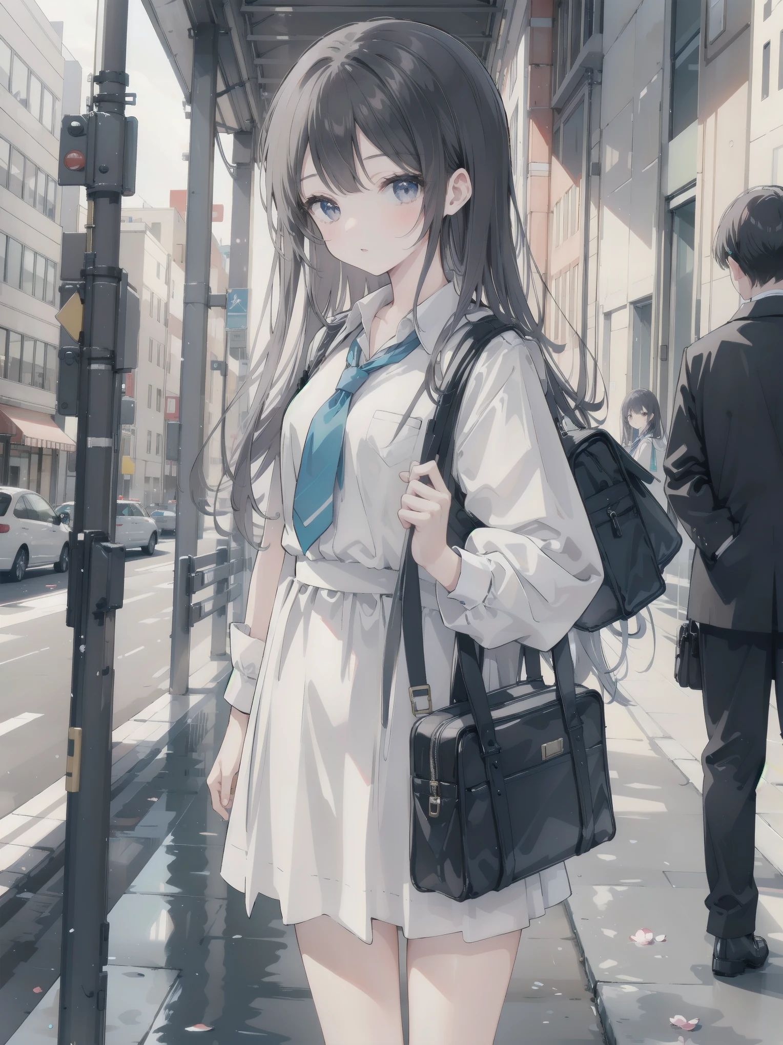 One girl, spring, high school, , warm colours, schoolbag, accurate and very detailed background, crowd of schoolgirls in uniform with various body shapes and hairstyles, cute.

