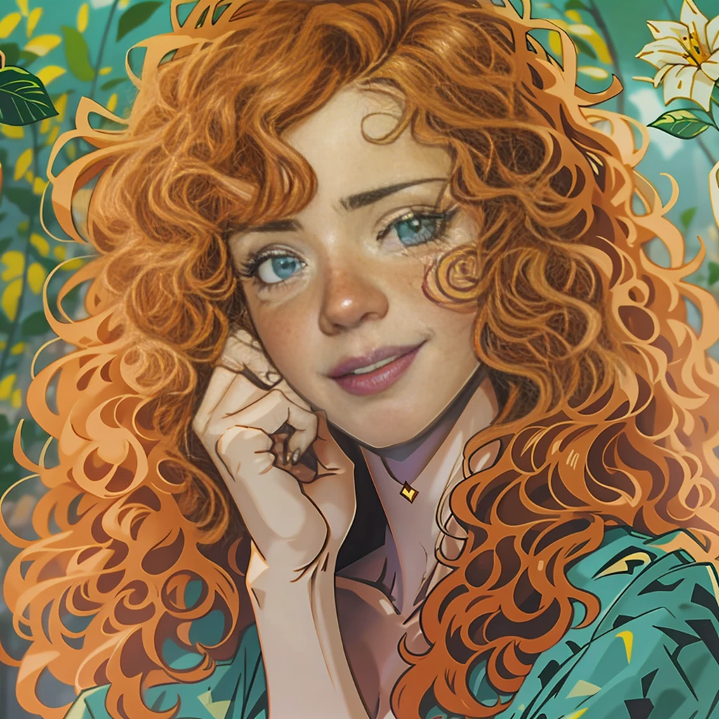 trans Male to female, plump pursed lips, freckles, long curly ginger hair with bangs, crystal blue eyes with smoky eye shadow and black eyeliner, black semi-matte lipstick, pale to sun-kissed skin, flirty smug smile, teal sundress, large futanari genital bulge