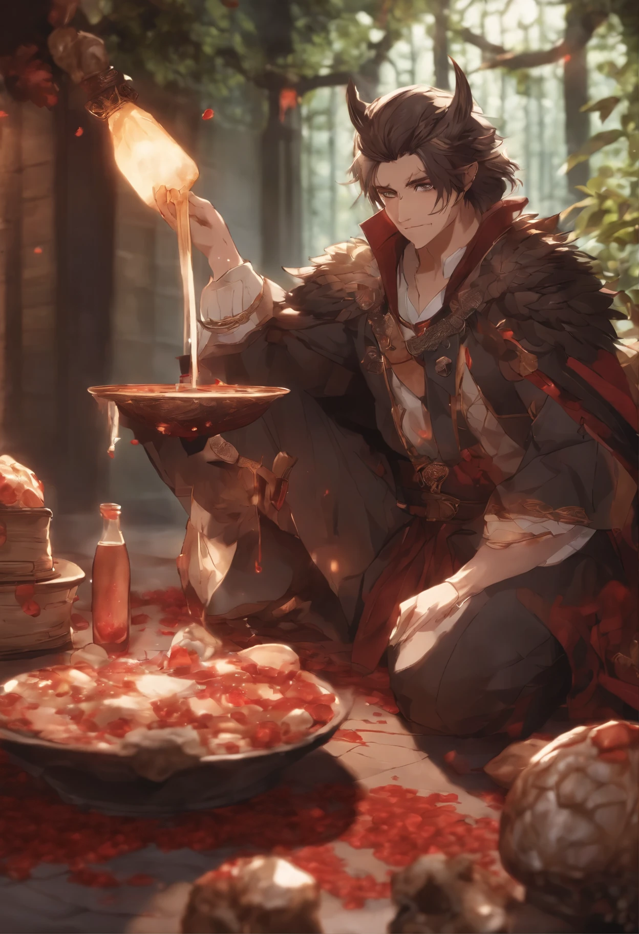 close-up of an owl,     daemon, infected with mushrooms, cutting your skin, drinks alcohol, flowing down his body and mixing with the blood on the floor.   , detailed anime character art, detailed key anime art, Granblue Fantasy, handsome guy in demon slayer art, Taisho Roman, crisp clear rpg portrait, Masamune Shiro, key anime art