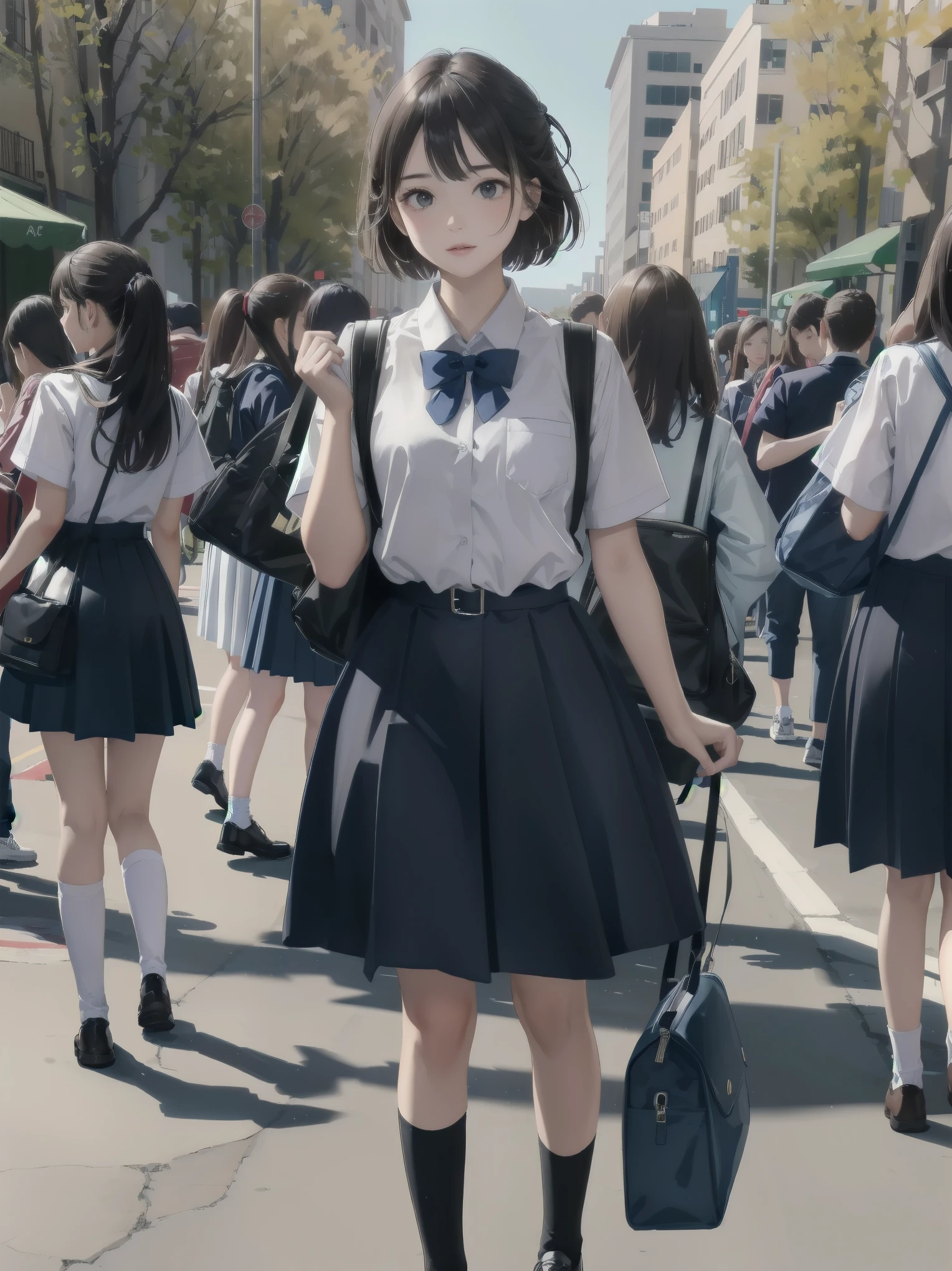 One girl, spring, high school, , warm colours, schoolbag, accurate and very detailed background, crowd of schoolgirls in uniform with various body shapes and hairstyles, cute.