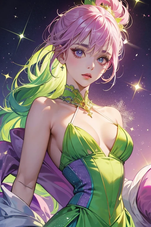 She is a lime-green  . Her lips are pink and they are located at the top of her head. She only has one lavender eye with a purple pupil and eyelashes located on her body. Her body seems to have veins on it as well. SPARKLE; GLITTER