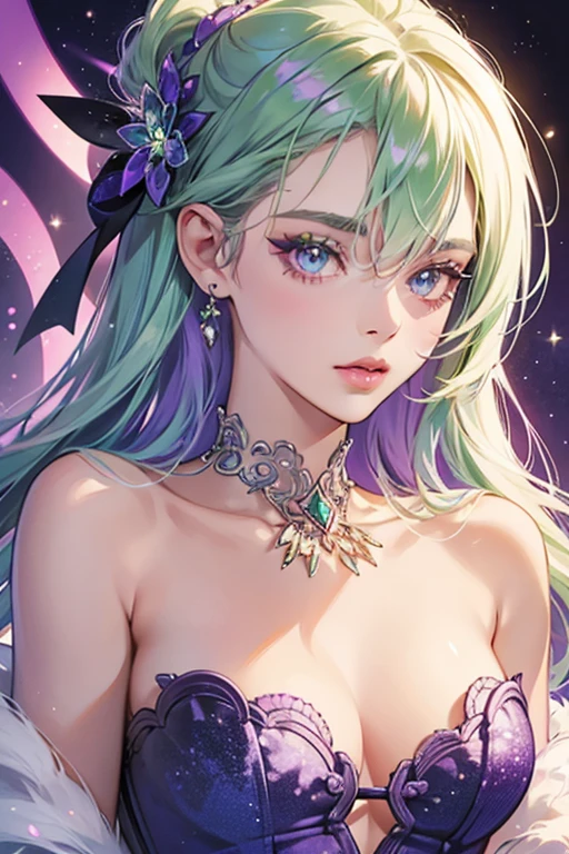 She is a lime-green  . Her lips are pink and they are located at the top of her head. She only has one lavender eye with a purple pupil and eyelashes located on her body. Her body seems to have veins on it as well. SPARKLE; GLITTER
