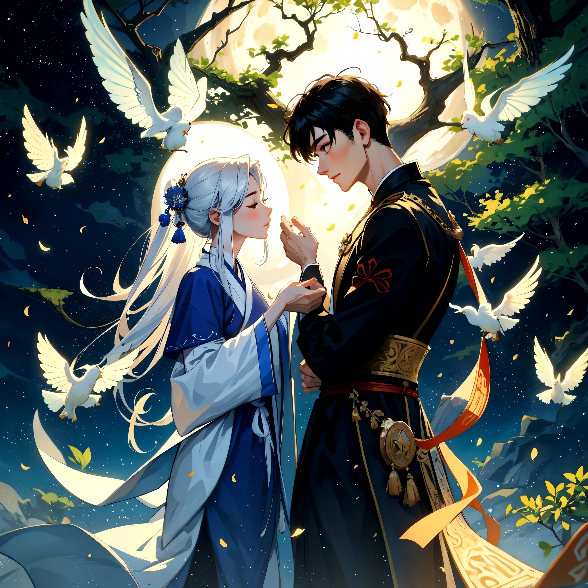 A scene from a TV series "Chinese fairy tale", Two young men sitting on a rock under a tree, The white moonlight shines through the leaves on their faces，They stared at each other. Man wearing traditional Hanfu，His lover was dressed in blue , The two gazed into each other&#39;s eyes，A faint smile appeared on their faces. A huge full moon and bright stars illuminated the night scene behind them.. There is an open space in front，Some green plants can be seen. Chinese art style, With Chinese elements and fantasy, With movie lighting effects and HD picture quality. 