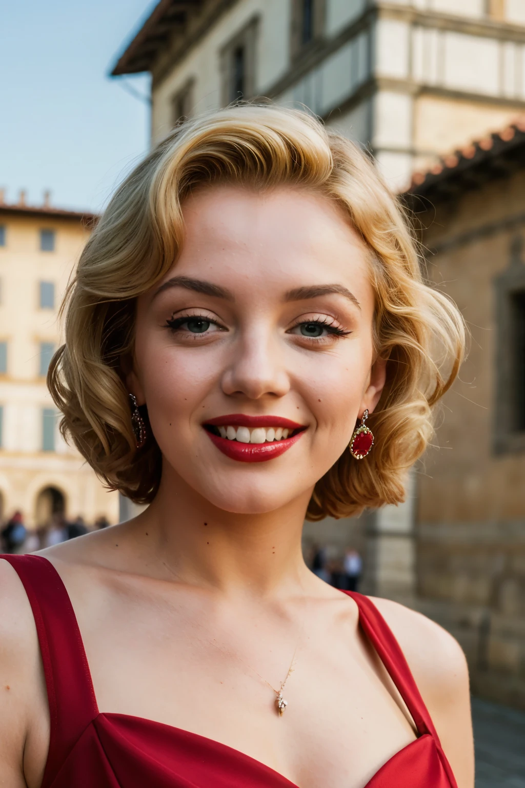 ((best quality)), ((masterpiece)), (detailed), Marilyn Monroe,background Brunelleschi's dome in Florence, makeup, green eyes,teeth, lipstick, red dress, jewelry, beautiful smile,smartphone in a hand,fingernails