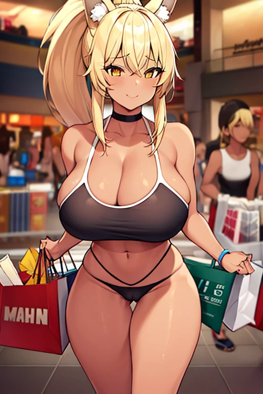 1girl, blonde hair, ponytail, wolf ears, tan skin, tan, highleg panties, panties, micro panties, cameltoe, sports bra, black sports bra, ((mall)), mall, ((shopping)), shopping, bare legs, no pants, yellow eyes, huge breasts, thick thighs, wide hips, smile, happy