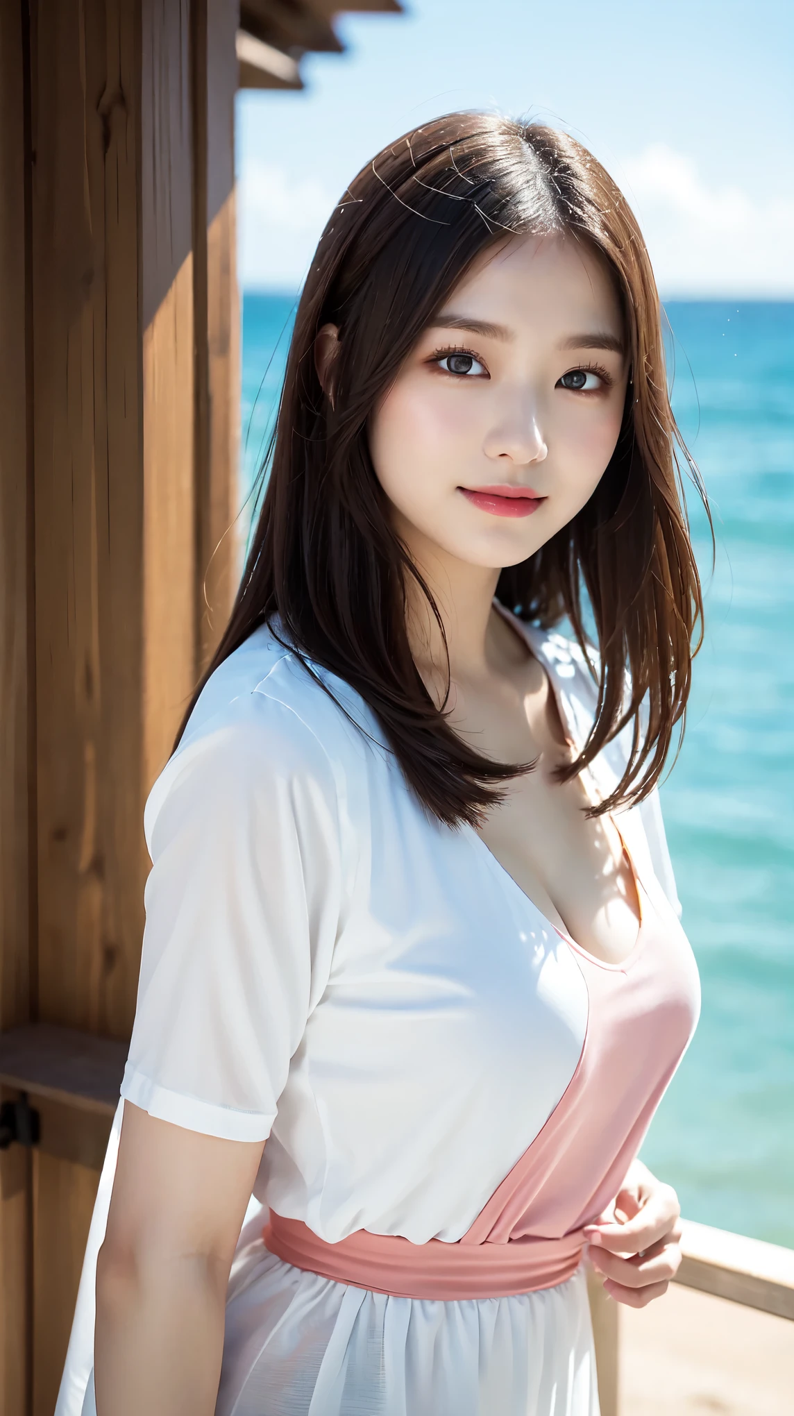 White Shirt、full body shot、Complex and beautiful eyes、woman、womanらしい髪型、Natural color lip、Big Breasts、valley、bold and sexy pose、smile、Ocean、((18歳woman:1.2))、Young adorable Japanese face, Official Art，Highly detailed CG Unity 8k wallpaper，（masterpiece:1.0),(highest quality:1.0), 超A high resolution,4k,Very detailed, photo shoot, 8K, nffsw, High resolution, Kodak Portrait 400, Film Grain, Lens Flare Glow,高いest quality,8K,nffsw:1.2),Portrait Shot,8K、View Viewer