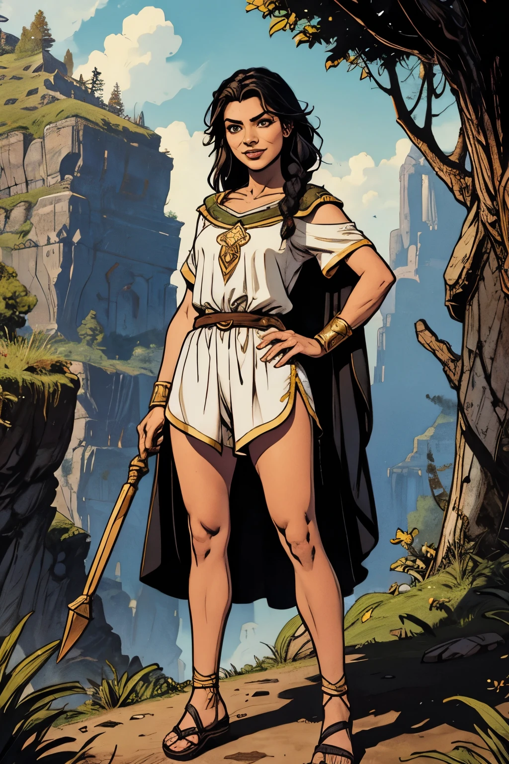 Garota elfa . fantasia monge aventureiro, cara de sorriso brutal, fleshy lips, long black hair styled with butterfly braid, hazel eyes, athletic figure, white priestess tunic, shorts de lombo branco, sandals, retrato detalhado, templo da selva, standing pose