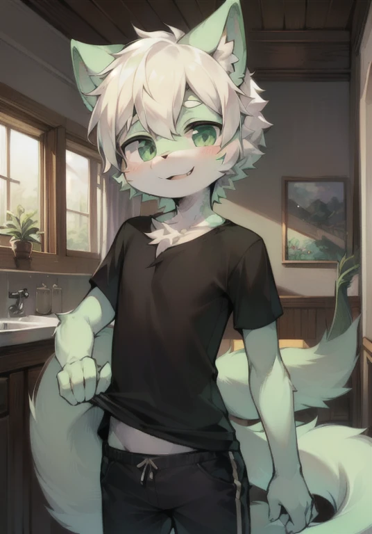 eyes with brightness, in a panoramic view, Character Focus Solo, shaggy, Furry male cat, Mint Green-White fur for men, fluffy, Dark Green color eyes, White hair(The long),Wear black short, Casual Cloths, Regular T-Shirt, Young style, height of one meter seven, pretty, cute, There is a long tail with with fur on end, happy expression, slim body, happy, indoors, dark green cat ears,