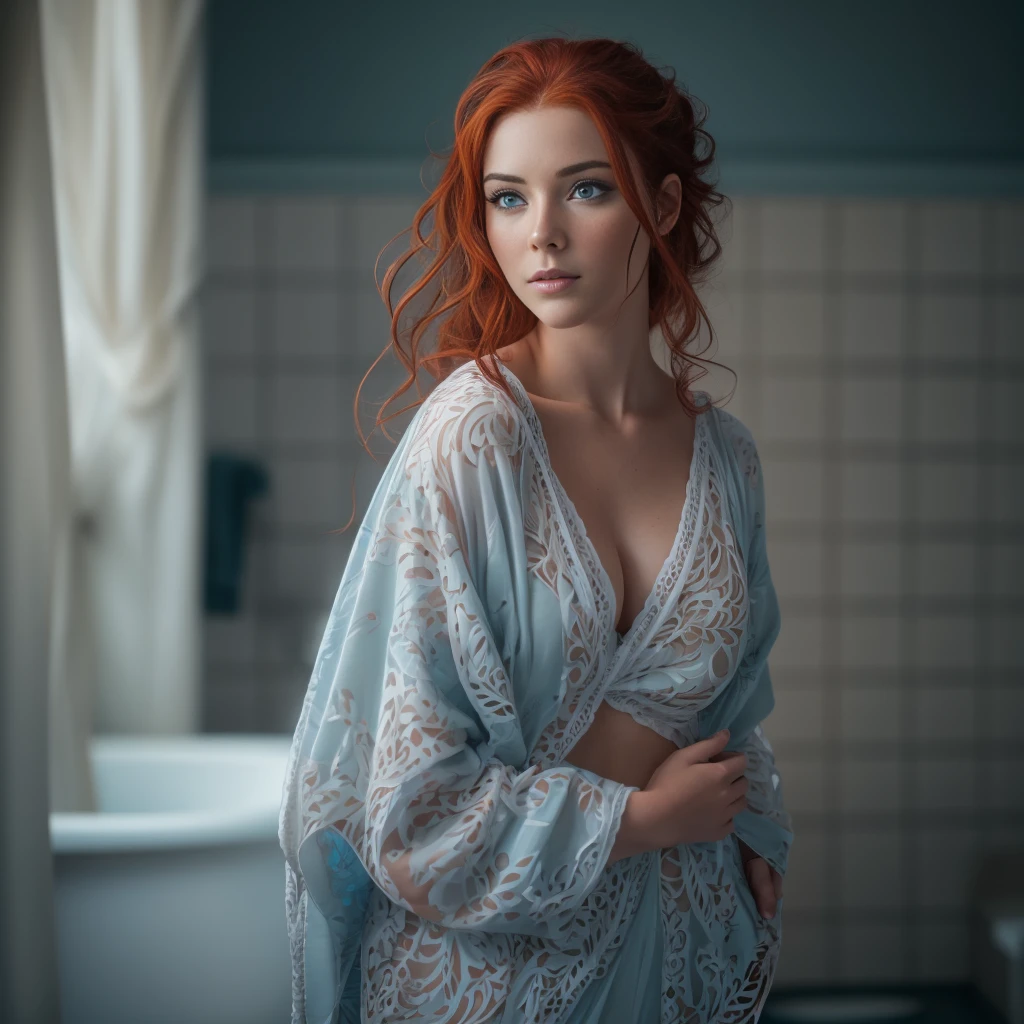 Full Body beautiful red-haired, blue - eyed young woman, with big breasts, in loose open bath clothing looking away from the camera, with perfect lighting and composition, captured by a professional photographer using a high-end camera for photorealistic quality and intricate details, highly detailed hair + cinematic shot, glamour photography, Canon EOS 5D Mark IV DSLR camera, EF 50mm f/ 1. 8 STM lens, Resolution 30. 4 megapixels, ISO sensitivity: 32, 000, Shutter speed 8000 second